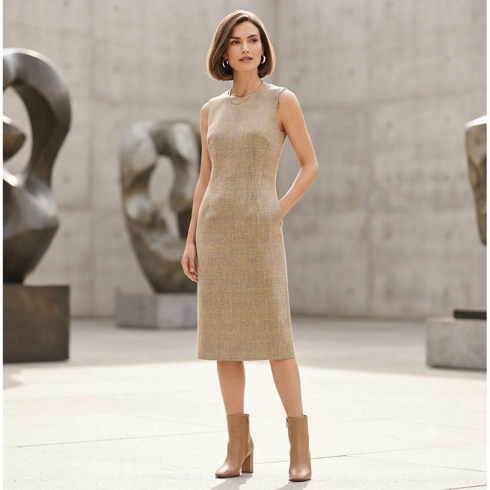 AKRIS PUNTO Wool Midi Dress Sleeveless Tan Plaid Check Back Zip Size 12